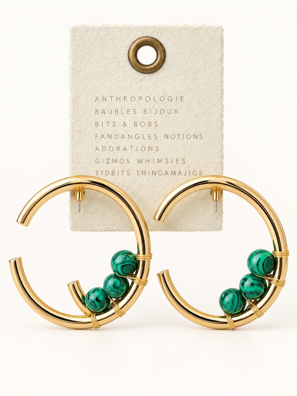 Anthropologie Green Beaded Gold Tone Statement Hoop Earrings